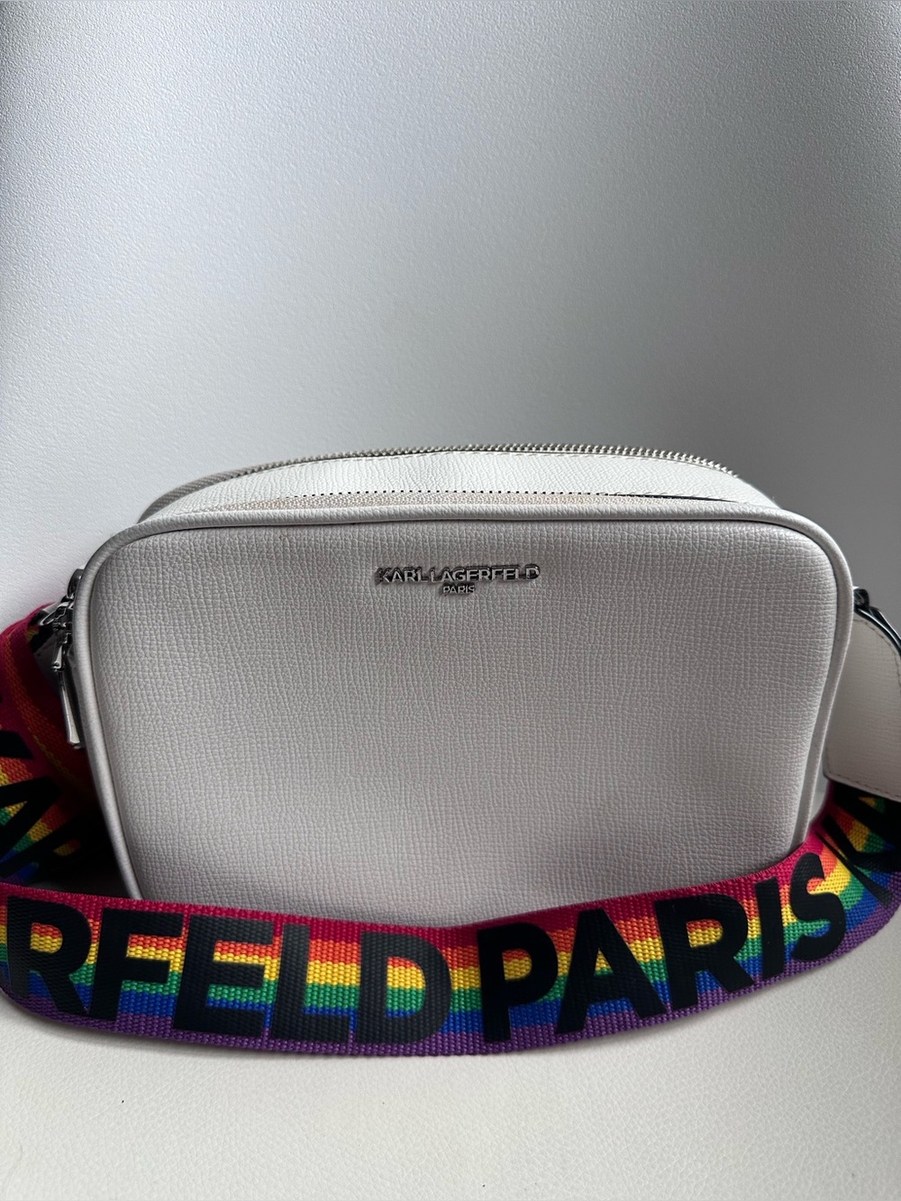 Karl Lagerfeld White Crossbody Bag with Rainbow Logo Strap